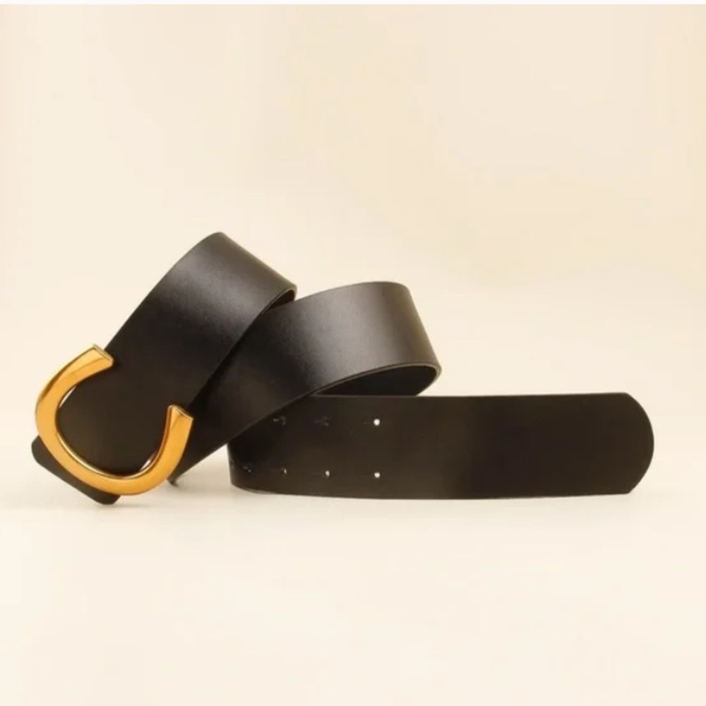 Black vegan leather gold buckle high waisted belt - Picture 5 of 7